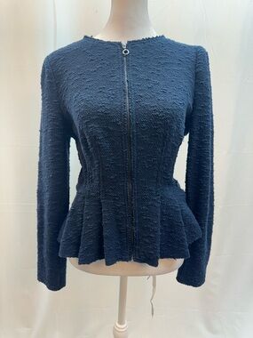 Rebecca Taylor Navy Textured Peplum Zip Cardigan 10